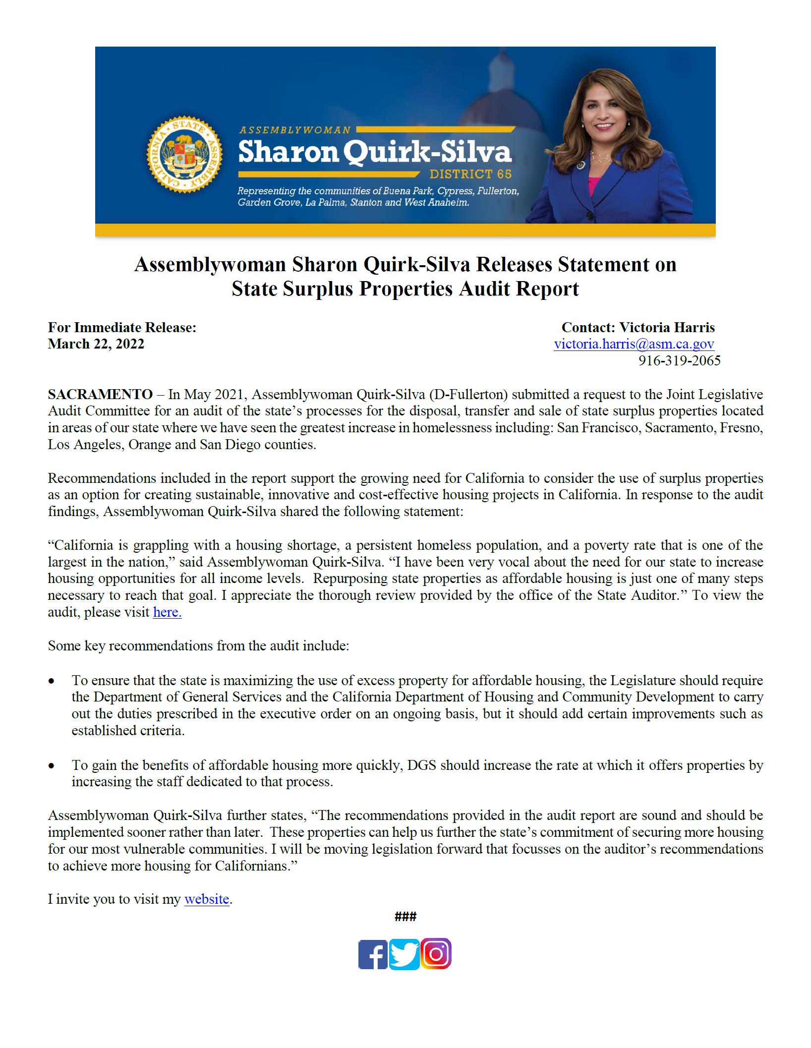 Assemblywoman Sharon Quirk-Silva Releases Statement on State Surplus Properties Audit Report