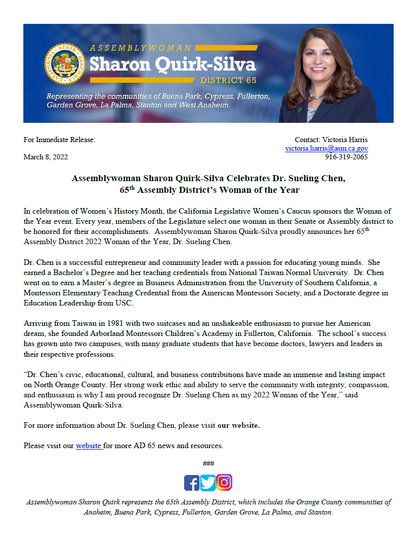 Press release announcing Dr. Sueling Chen as AD 65's 2022 Woman of the Year