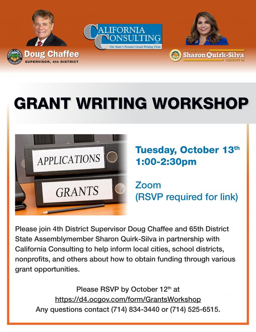 Please join Assemblywoman Quirk-Silva, Supervisor Doug Chaffee, and California Consultants for a Virtual Grant Workshop on October 13