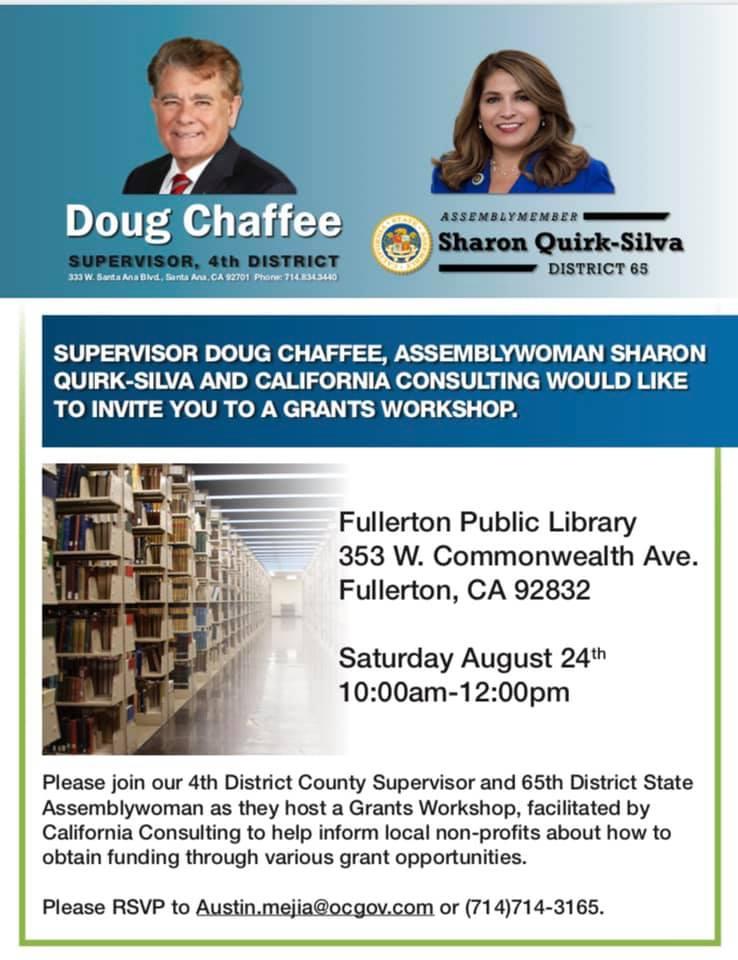 Flyer for Assemblywoman Sharon Quirk-Silva and Supervisor Doug Chaffee's Grant Workshop