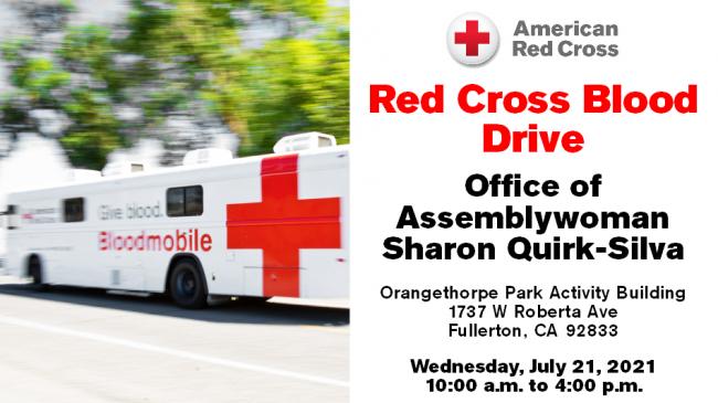 Assemblywoman Sharon Quirk-Silva July 21 Blood Drive with American Red Cross at Fullerton