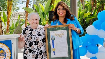 Assemblywoman Quirk-Silva presents Desiree Engel her Resolution as the 2021 Holocaust Survivor 